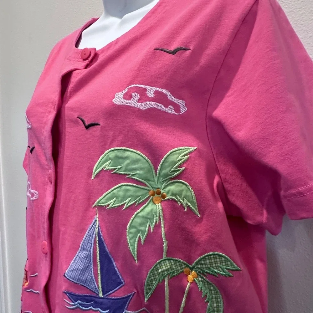 Onque Casuals Women's Pink Beach Scene‎ Short Sleeve Button Up Top Pants Set M